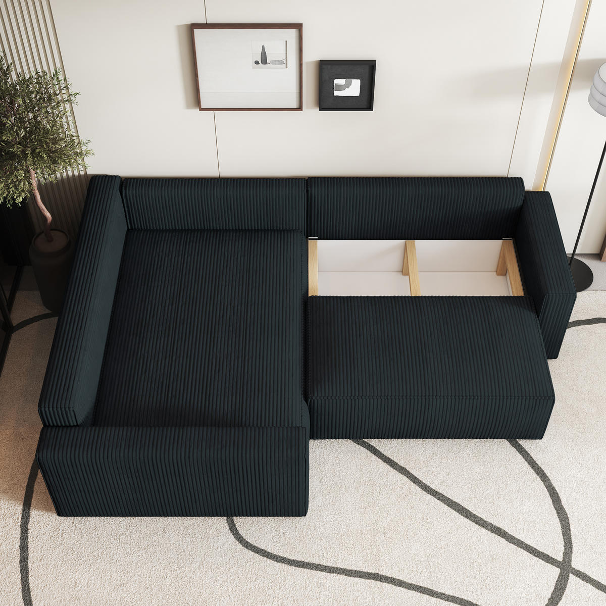 ECKSOFA ERONIS L-S Schwarz Kordstoff mit Schlaffunktion - Schwarz, Holz (265/194cm) - MASSENO