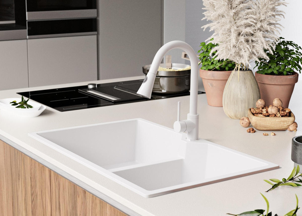 GRANITSPÜLE Madrid Twin, 2-er set Weiß 78/50 cm 2 Becken + Küchenarmatur 40/20 cm + Ablauf-Set ab 80er Unterschrank - Chromfarben/Weiß, Kunststoff (78/19/50cm) - Primagran