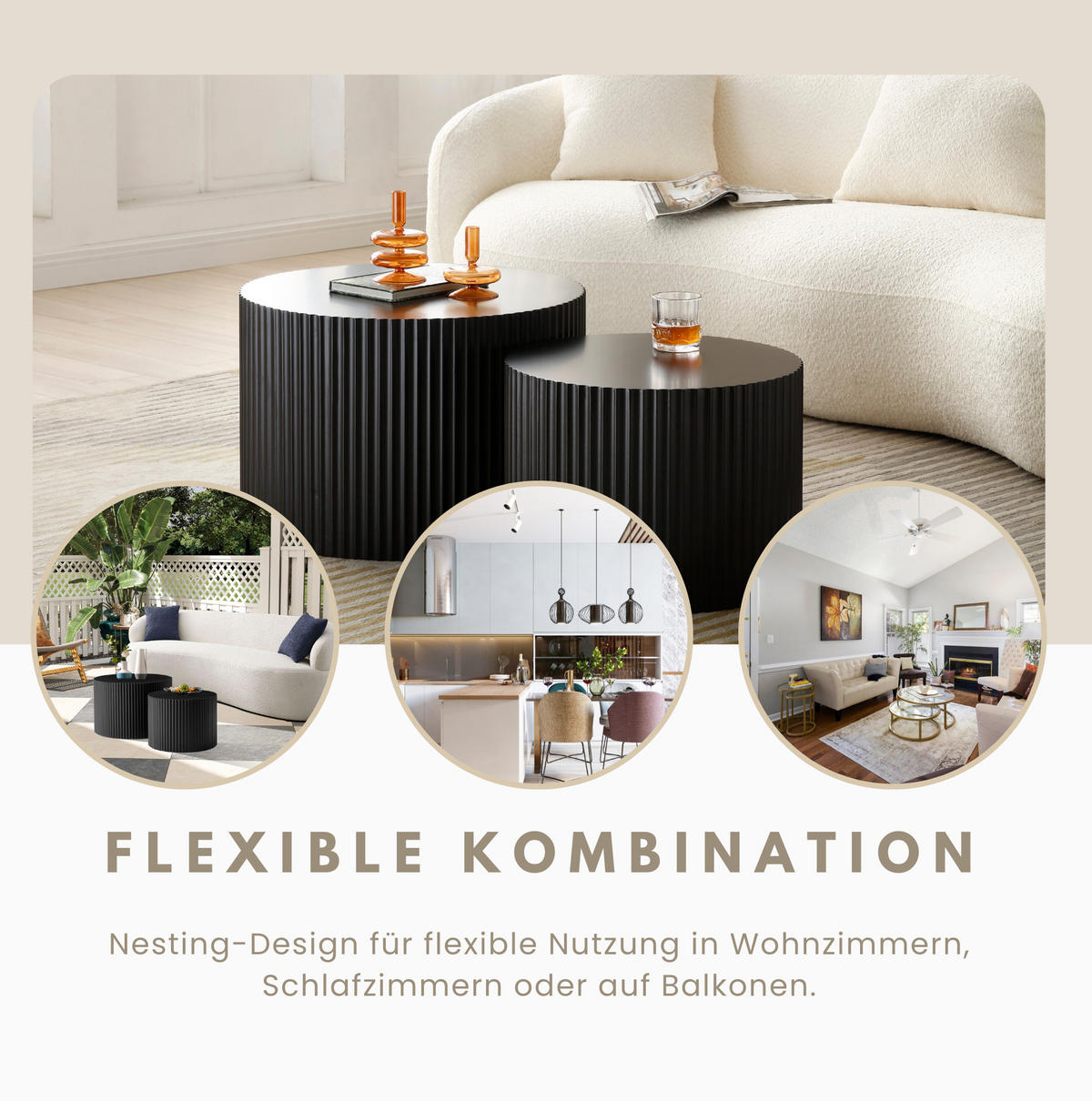 COUCHTISCH-SET 60/60/40 + 48/48/35 cm als 2er-Nesting-Tische mit wellenförmigen Kanten und kratzfester MDF-Platte, Schwarz - Schwarz, Holzwerkstoff (60/60/40cm) - Redom
