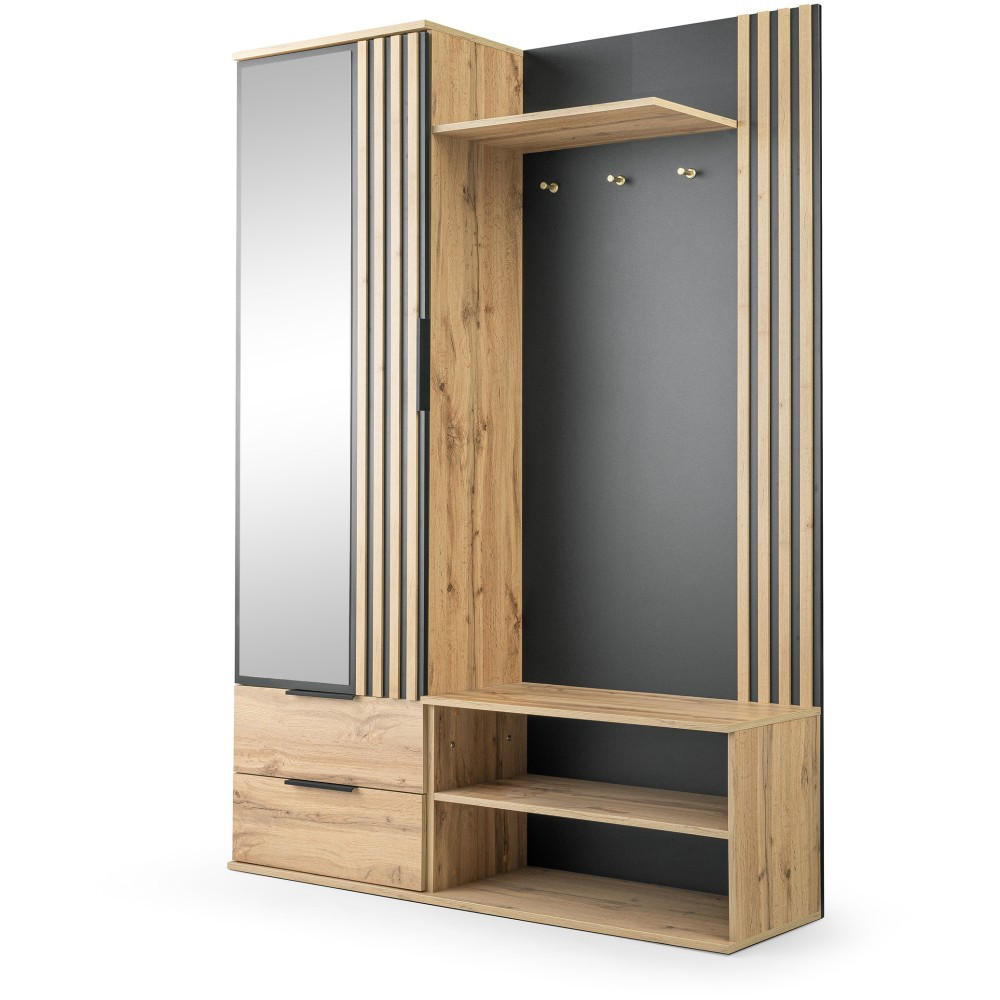GARDEROBENSCHRANK Luno mit Spiegel und 2 Schubladen, eiche Wotan - Eiche Wotan/Schwarz, Holzwerkstoff (140/200/40cm) - Beautysofa