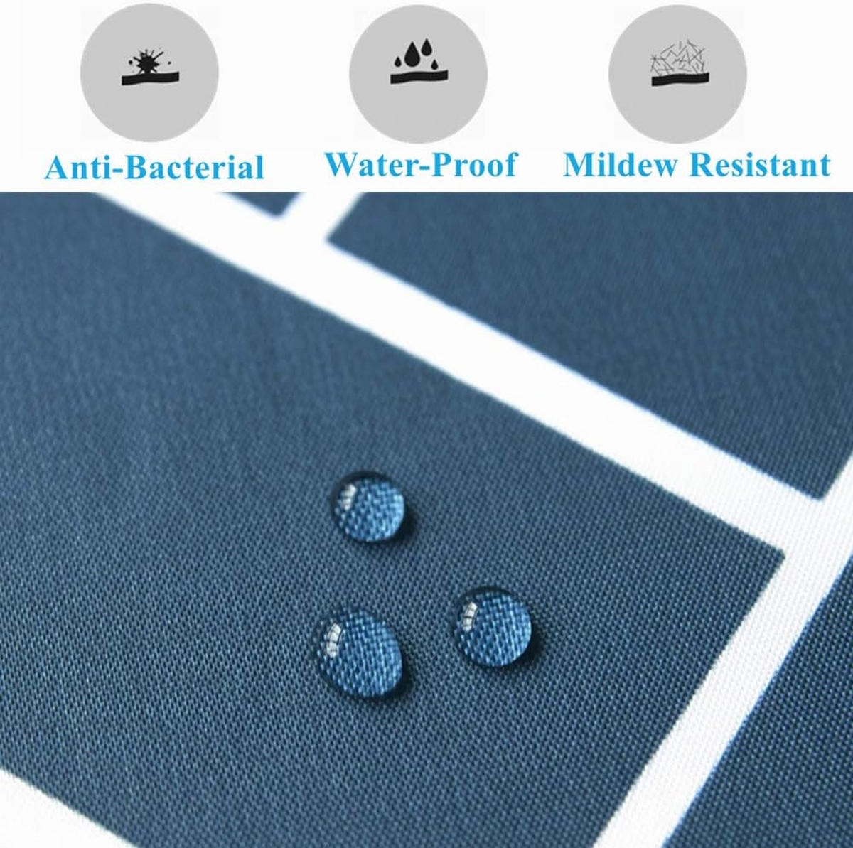 DUSCHVORHANG Blau Stoff Polyester wasserdicht schimmelresistent mit Ringen Haken Streifen geometrisch 120 x 200 cm - Blau, Textil (120/200cm) - MCBOSON