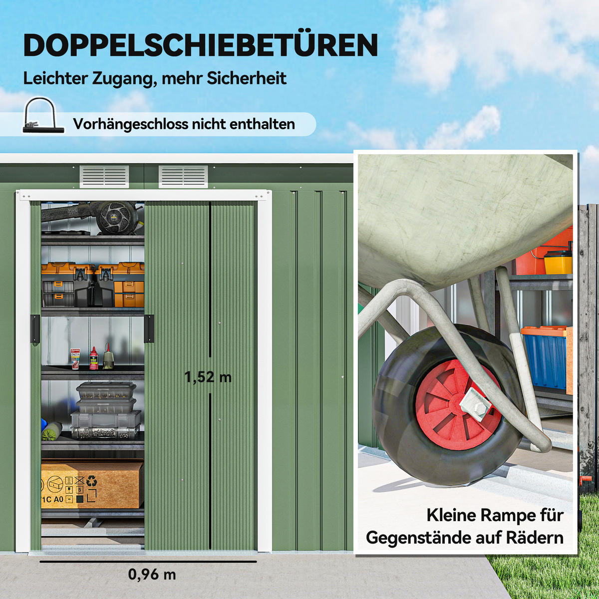GERÄTEHAUS, Geräteschuppen mit Schiebetür, Pultdach, Stahl, Hellgrün - Hellgrün, Metall (130/172/280cm) - Outsunny