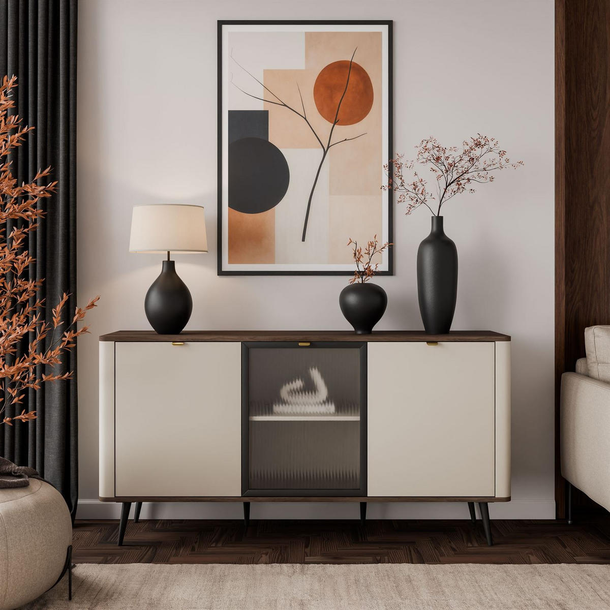 KOMMODE auf Füßen AUTUMN 2D1W mit Glasfront, Kaschmir / Nussbaum - Beige, Holzwerkstoff (160/82/40cm) - Lookway