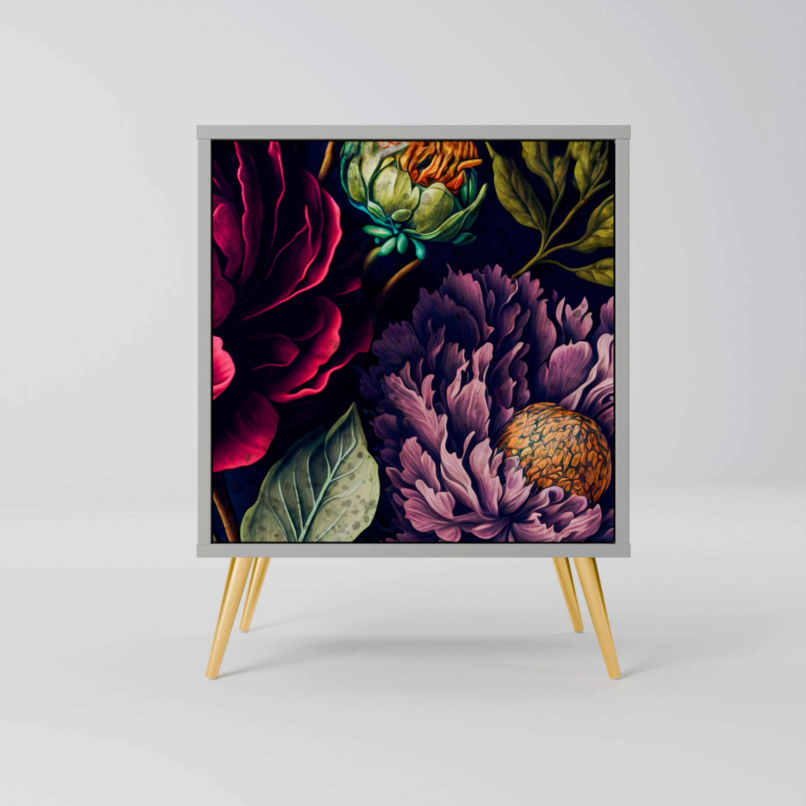 SIDEBOARD BLOOMING ELEGANCE, Grau, 57,5x42x75,5 cm, Goldfarbene Metallfüße - Goldfarben/Multicolor, Holzwerkstoff/Metall (57.5/75.5/42cm) - SpaceRebels