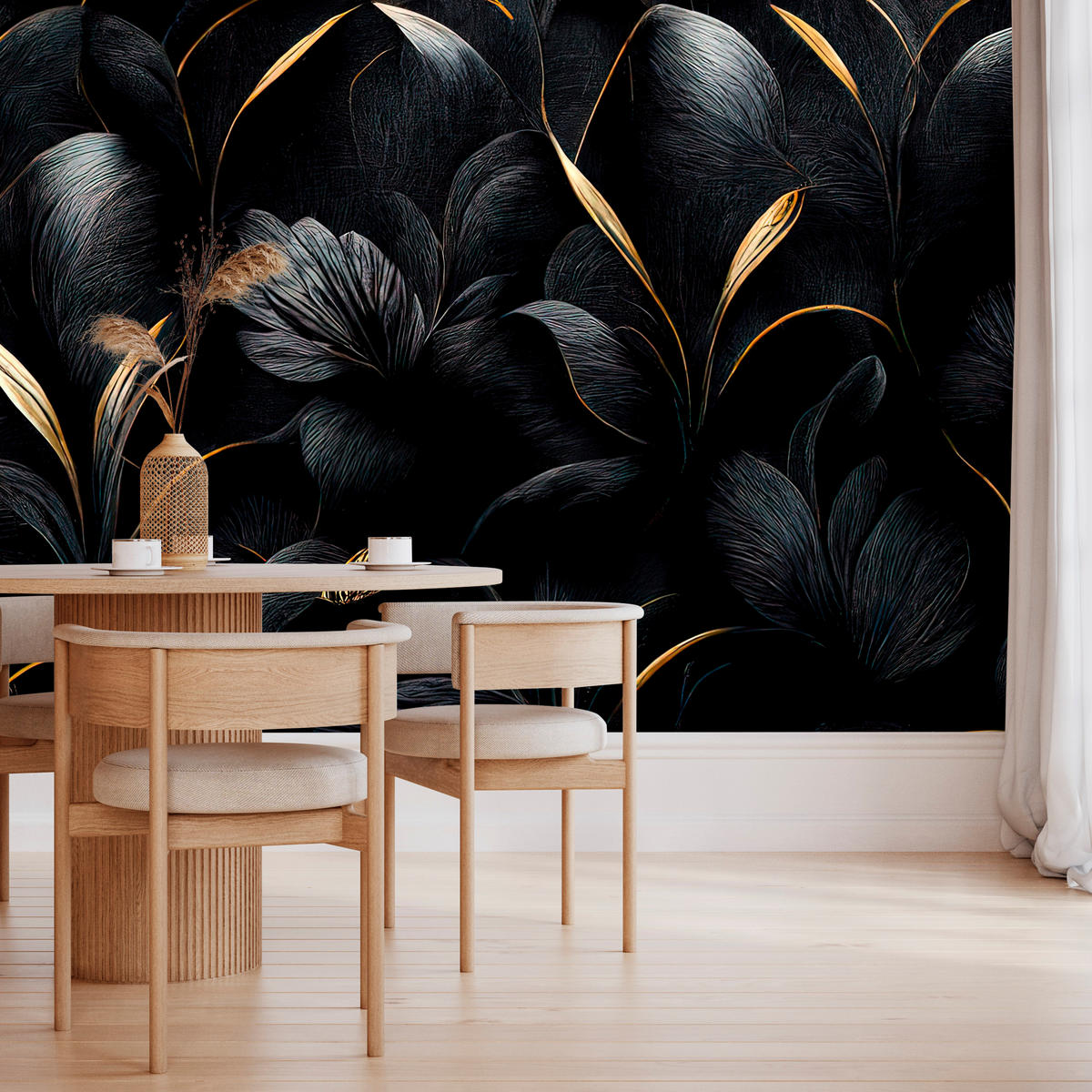 FOTOTAPETE für Wohnzimmer Schwarze Blätter Gold Luxus 400x280 - Goldfarben/Schwarz, Papier (400/280cm) - Muralo