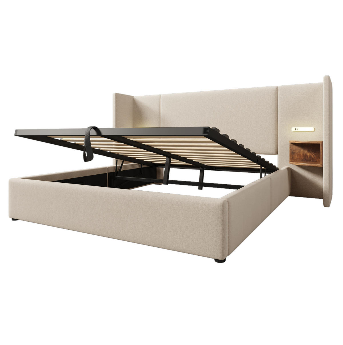 BETT mit Stauraum 160x200 cm Leinen Beige mit USB und Leselampe - Beige, Metall (160/200cm) - Meubliv