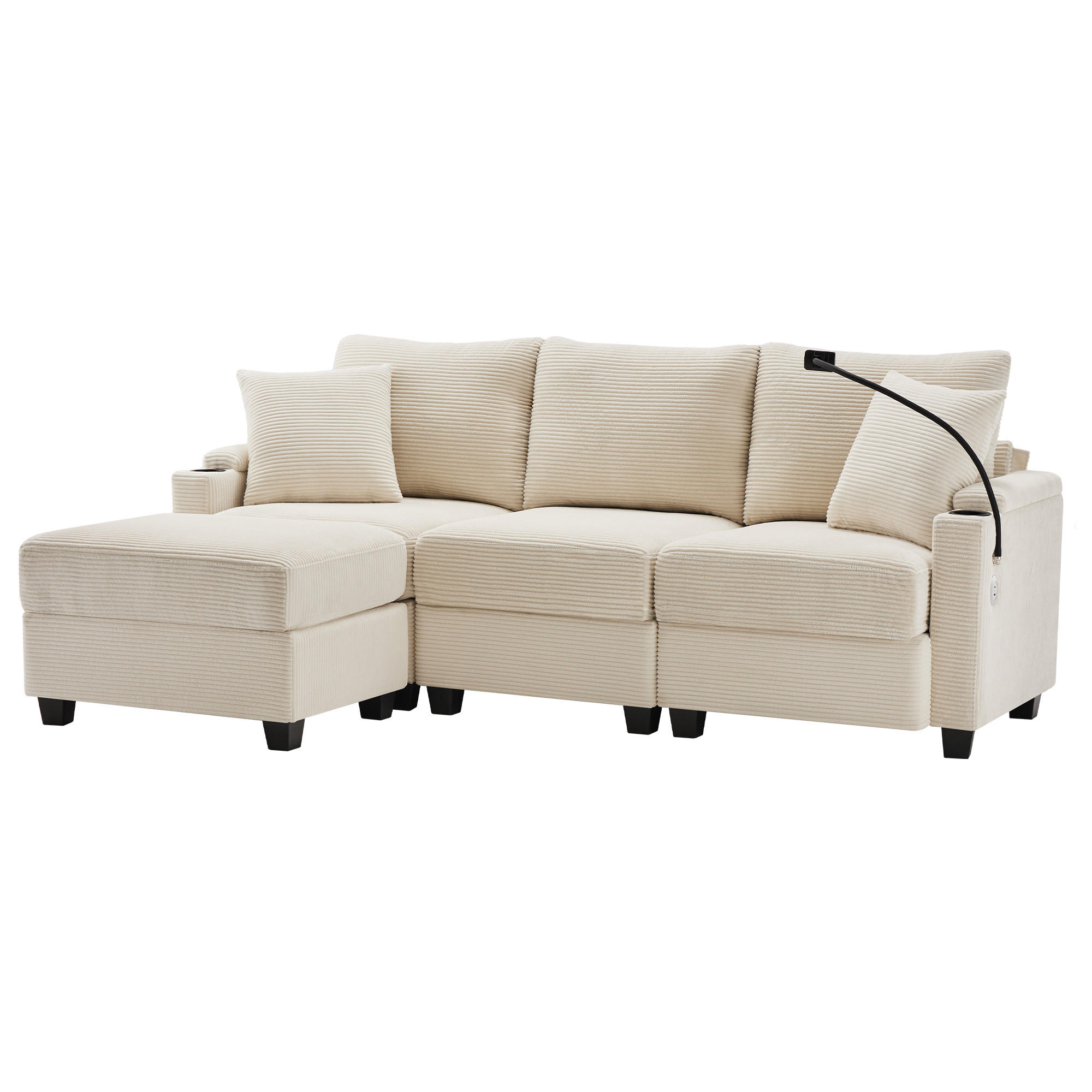 4-SITZER ECKSOFA Cord Beige mit USB, Ablage und mit Kissen - Beige, Holzwerkstoff/Kunststoff (213.5/139cm) - WISHDOR