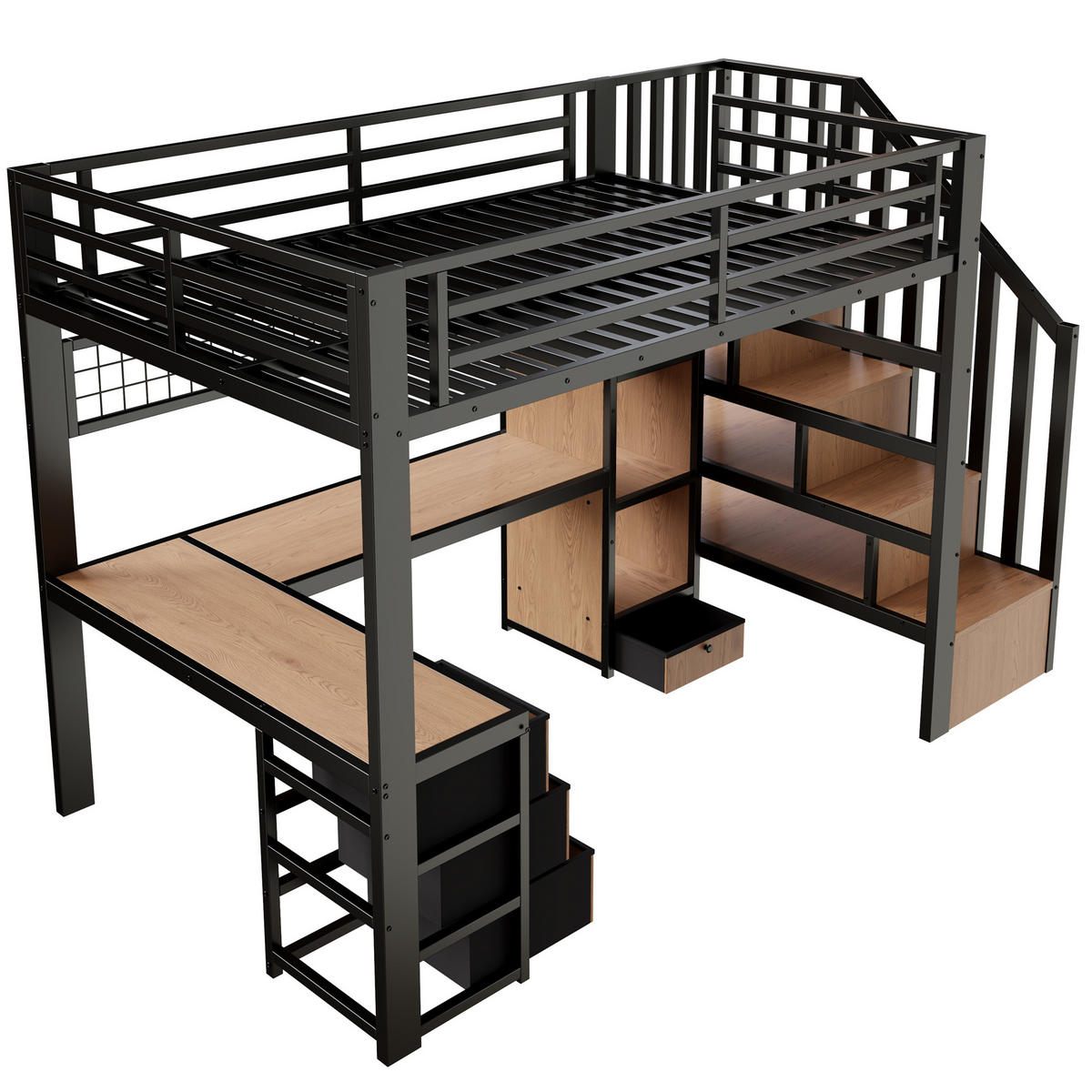 HOCHBETT 90/200 cm mit Schreibtisch, LED-Beleuchtung, 4 Schubladen und Stauraumtreppe aus Metall/MDF, Schwarz - Schwarz, Metall (90/200cm) - Redom