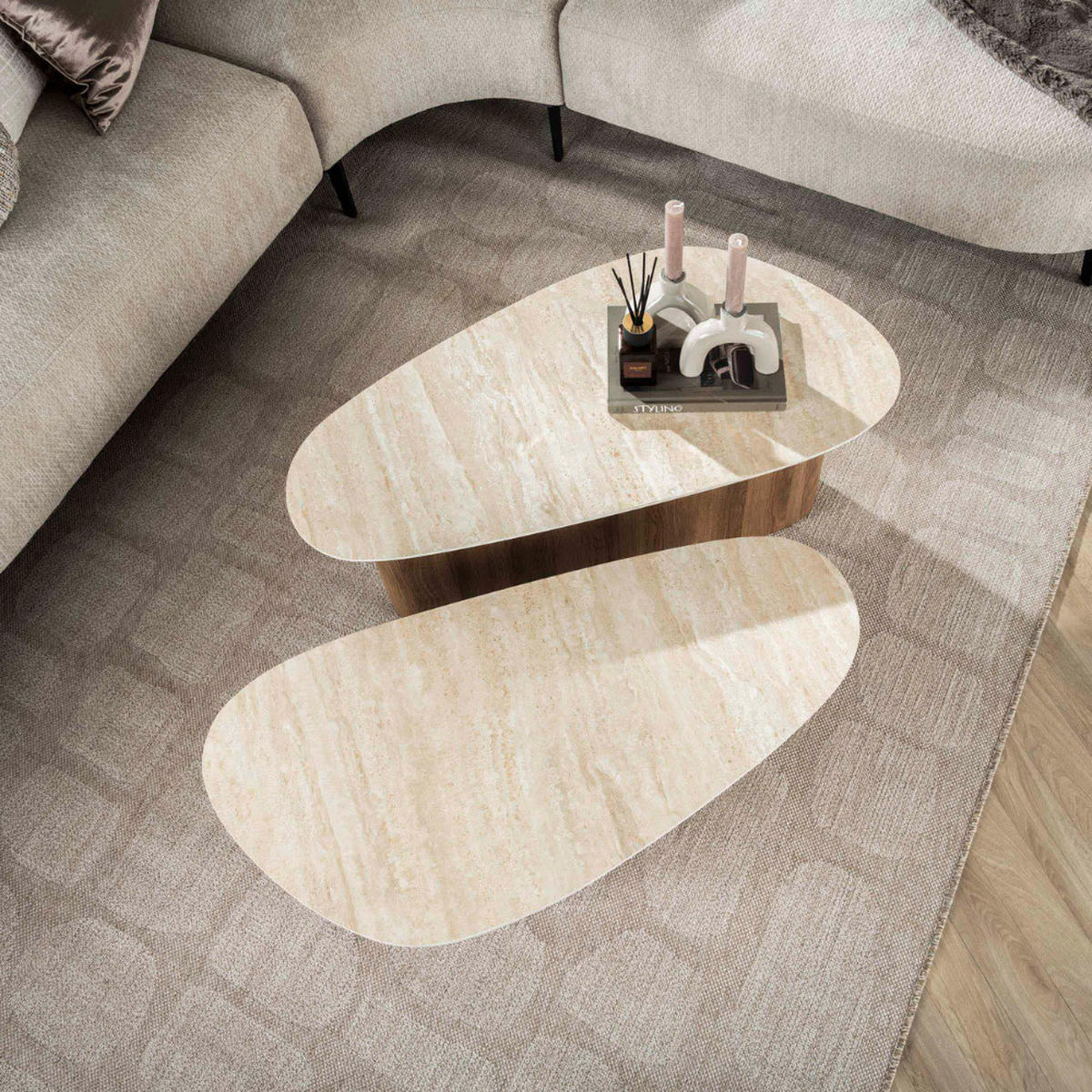 COUCHTISCH-SET ROMANO TRIANGOLO Organische Dreiecks-Satztische in Travertin-Optik - Beige/Braun, Holz/Keramik (43/90/40cm) - alesvelt