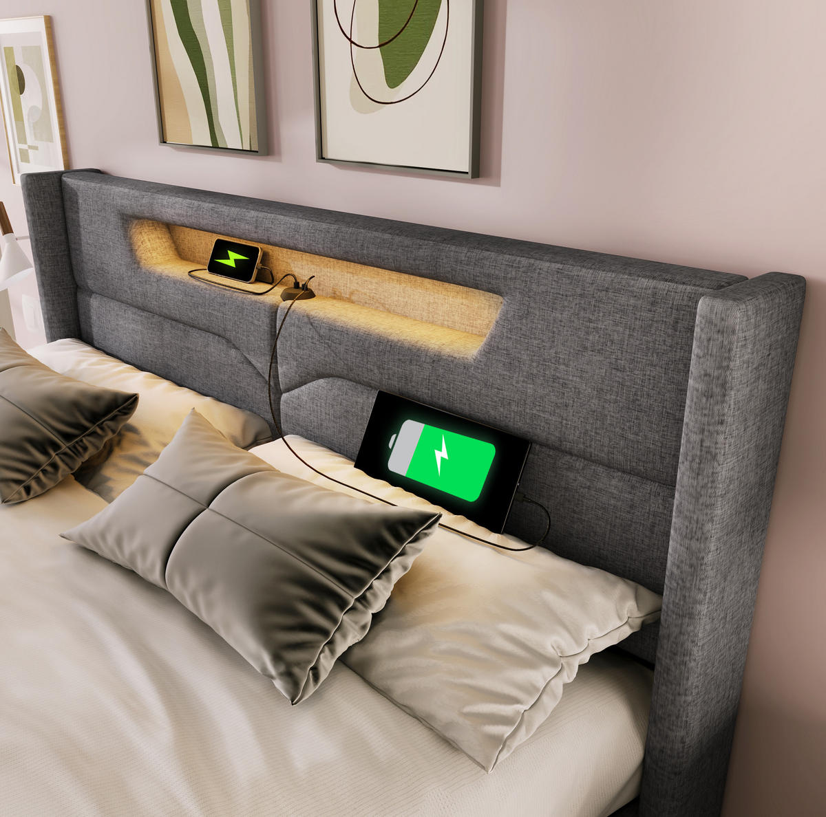 POLSTERBETT 160/200 cm Grau aus Leinen mit LED-Beleuchtung und Stauraum - Grau, Textil (160/200cm) - OKMYHOME