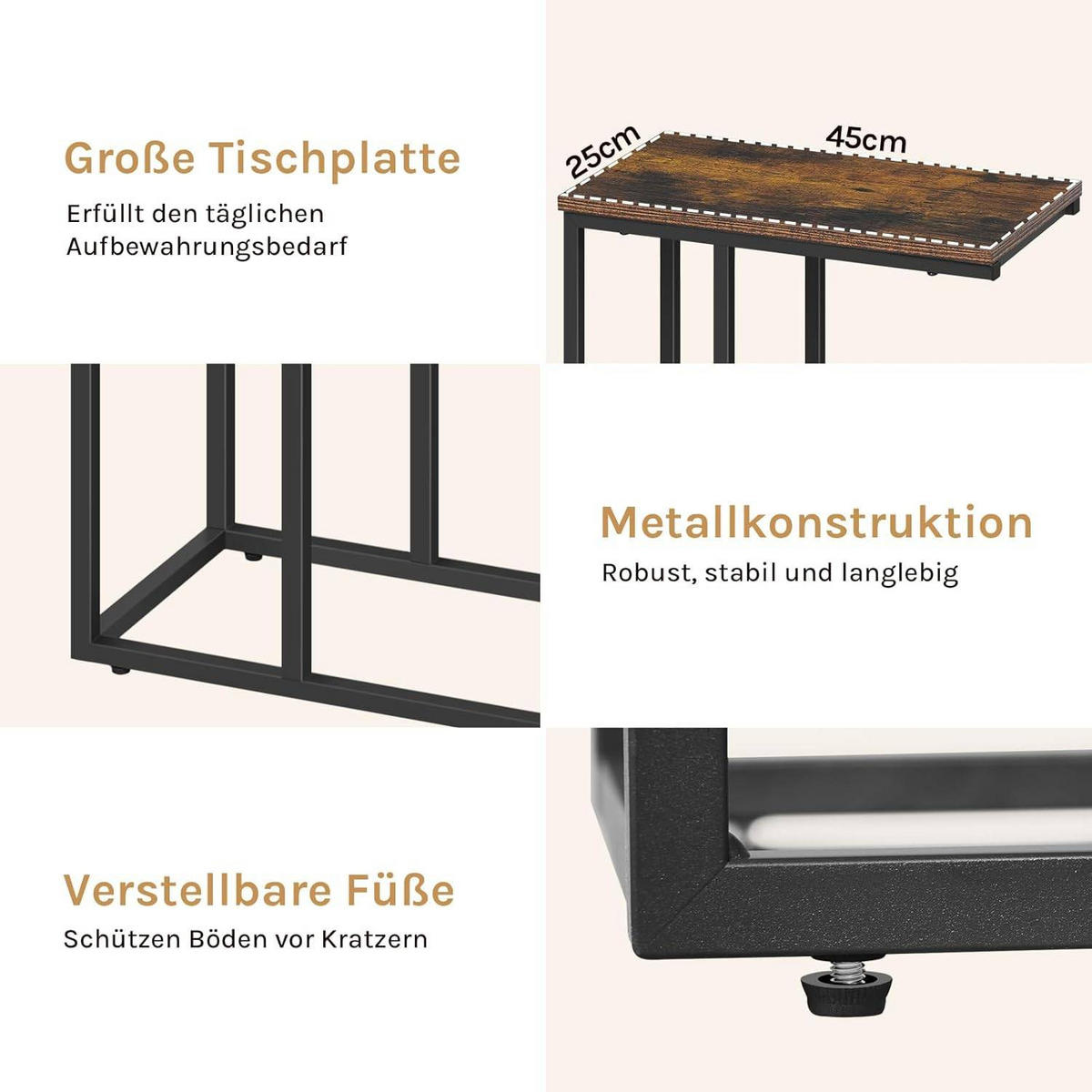 BEISTELLTISCH, Couchtisch C Form, 45 x 63,5 x 25 cm - Schwarz/Braun, Holzwerkstoff/Metall (25/45/63.5cm) - Woltu