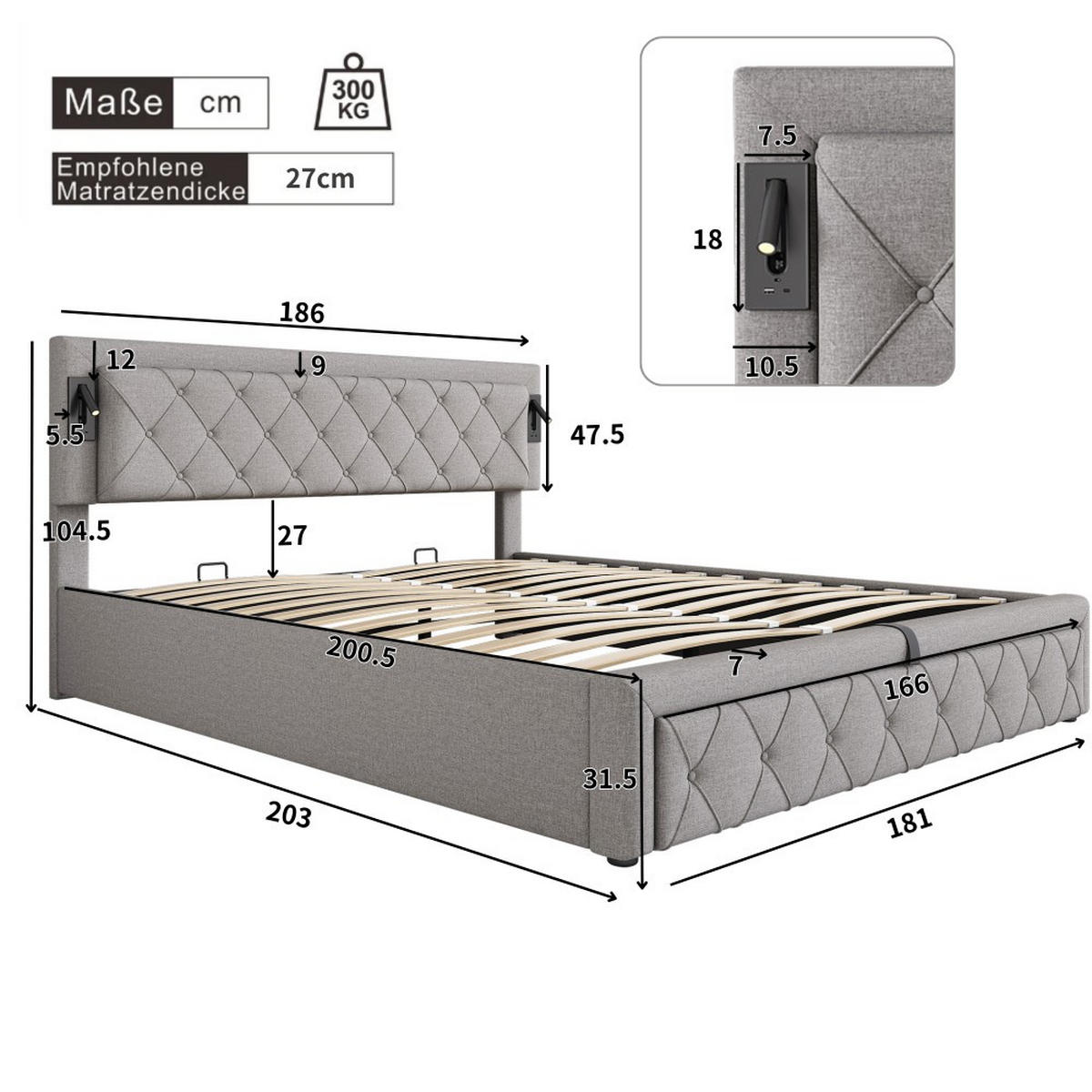 POLSTERBETT 180x200 cm in Grau Leinen mit Downlight & USB-Schnittstelle - Grau, Holz/Textil (180/200cm) - KOMHTOM