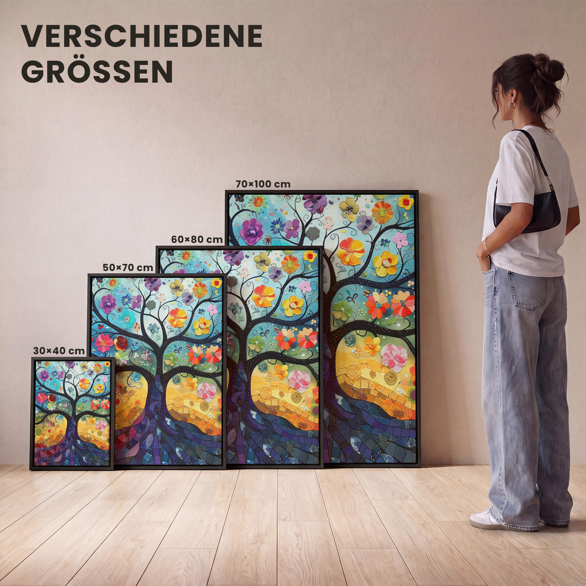 LEINWAND Bilder mit Rahmen - Kunst - Baum des Lebens - Blumen - Hippie - 60x80 - Dunkelblau, Textil (60/80cm) - MuchoWow