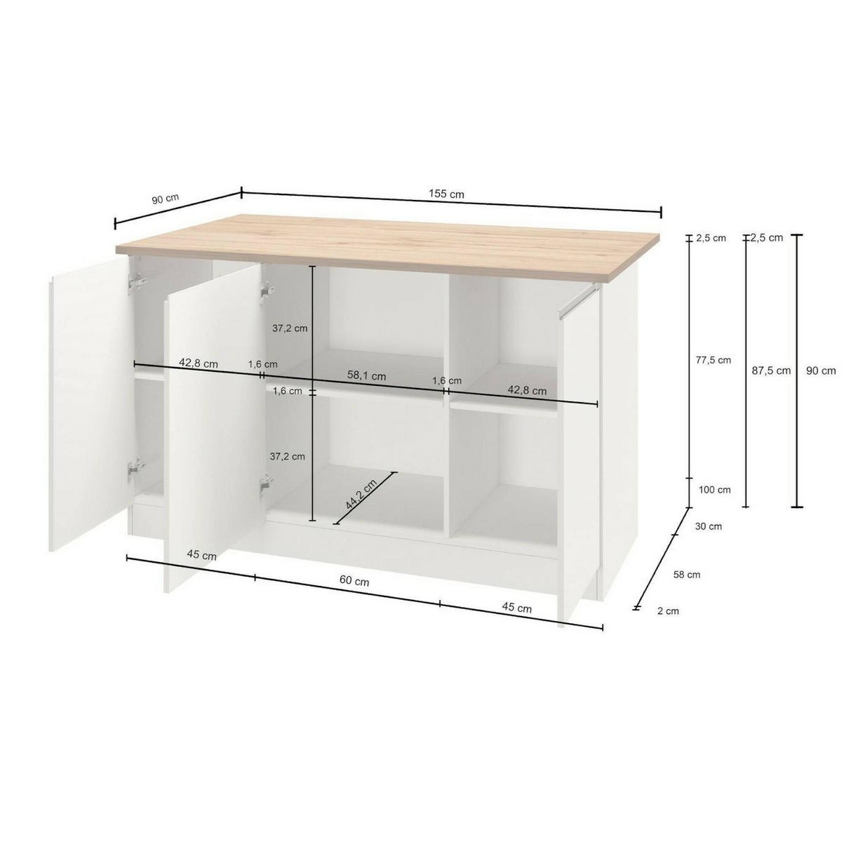 KÜCHENINSEL Anthrazit, Schiefer 90/155/90 cm - Schwarz, Holzwerkstoff (155/90/90cm) - DMORA