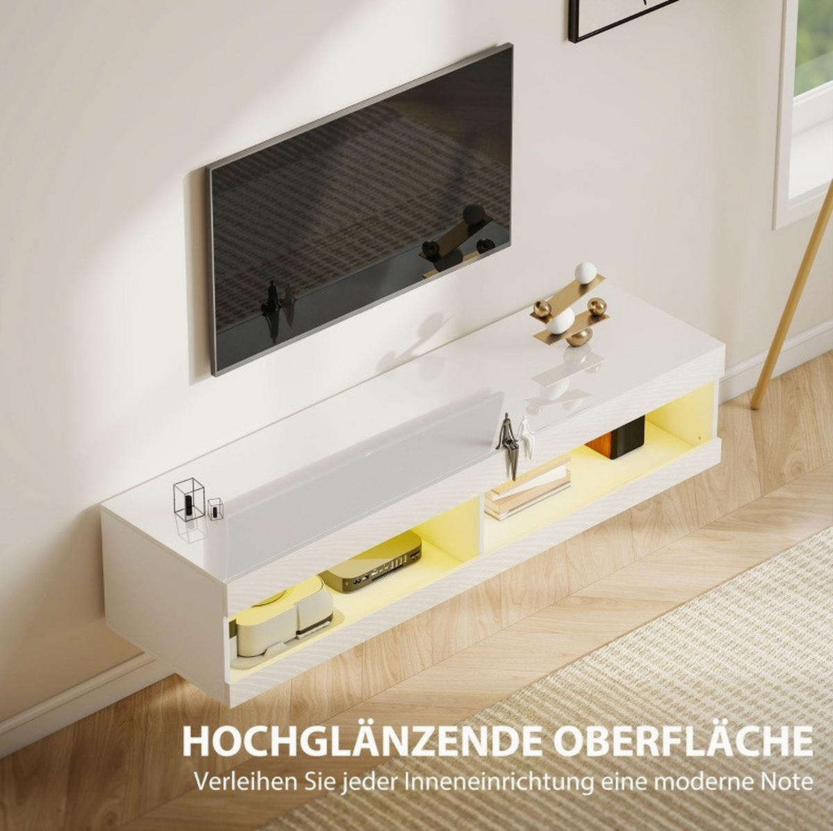 TV-LOWBOARD 140/40/30 cm mit RGB-LED-Beleuchtung, Wandmontage und Kabelmanagement, Hochglanz-Weiß - Weiß, Holzwerkstoff (140/30/40cm) - Redom