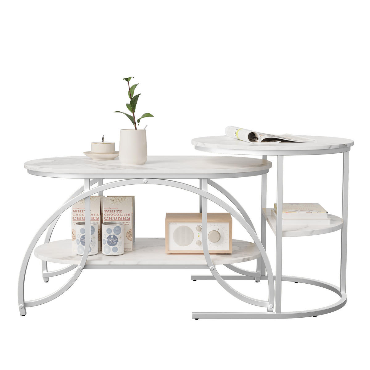 COUCHTISCH 2ER SET, Beistelltisch Marmor Optik, Weiß Schwarz - Silberfarben, Metall (80/46/45cm)
