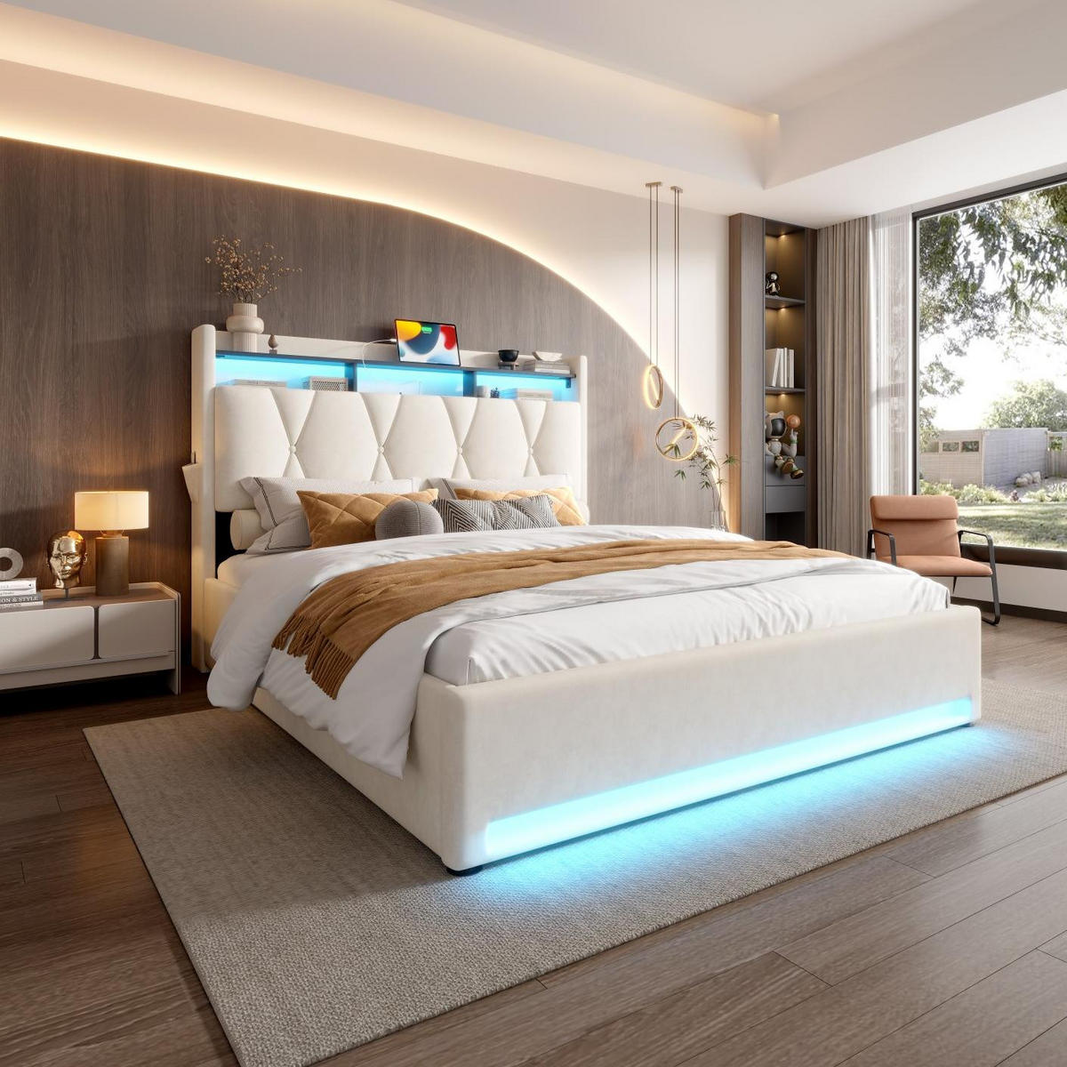 BOXBETT 160/200 mit Bettkasten, LED, USB/Typ C-Ladeanschluss,Samt,Beige - Beige, Metall (160/200cm) - LVHOM