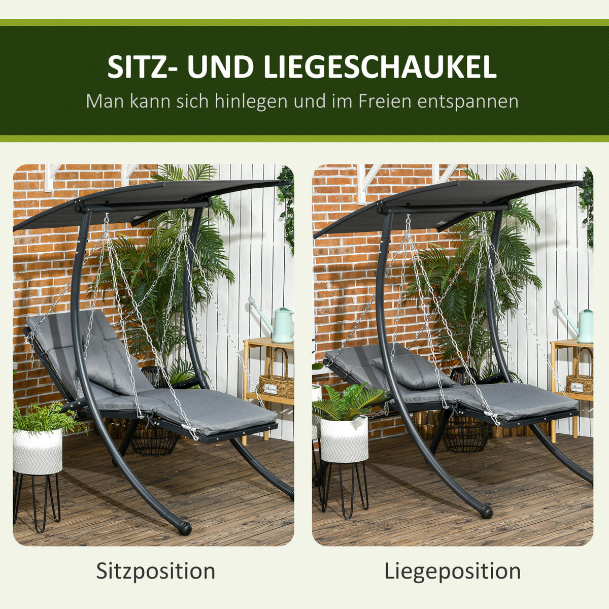 HOLLYWOODSCHAUKEL 108/145/169 cm mit verstellbarem Dach und Liegefunktion, Dunkelgrau - Dunkelgrau, Metall (145/169/108cm) - Redom