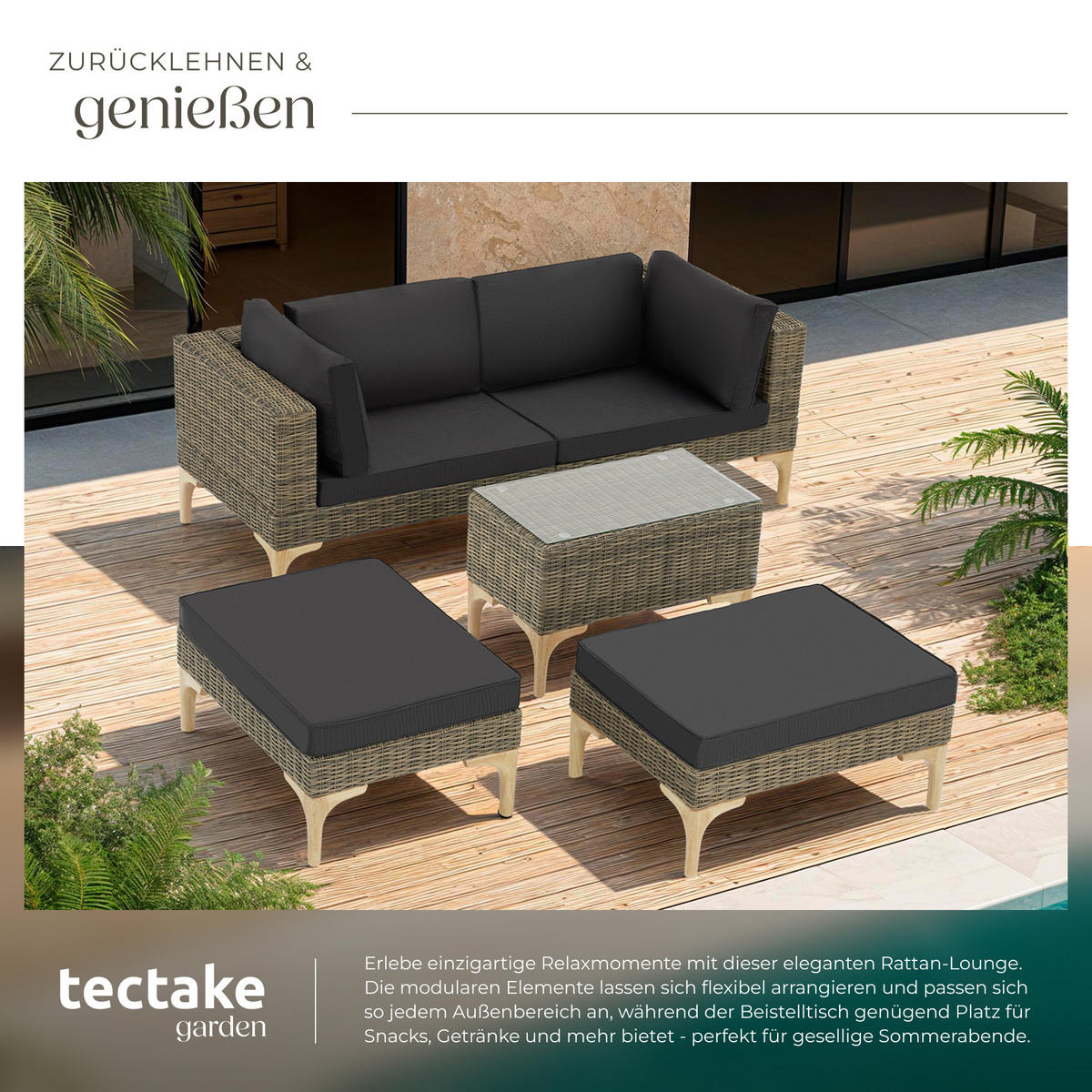 RATTANLOUNGE Bellaria,mit Sicherheitsglasplatte,natur - Naturfarben, Kunststoff/Metall - tectake