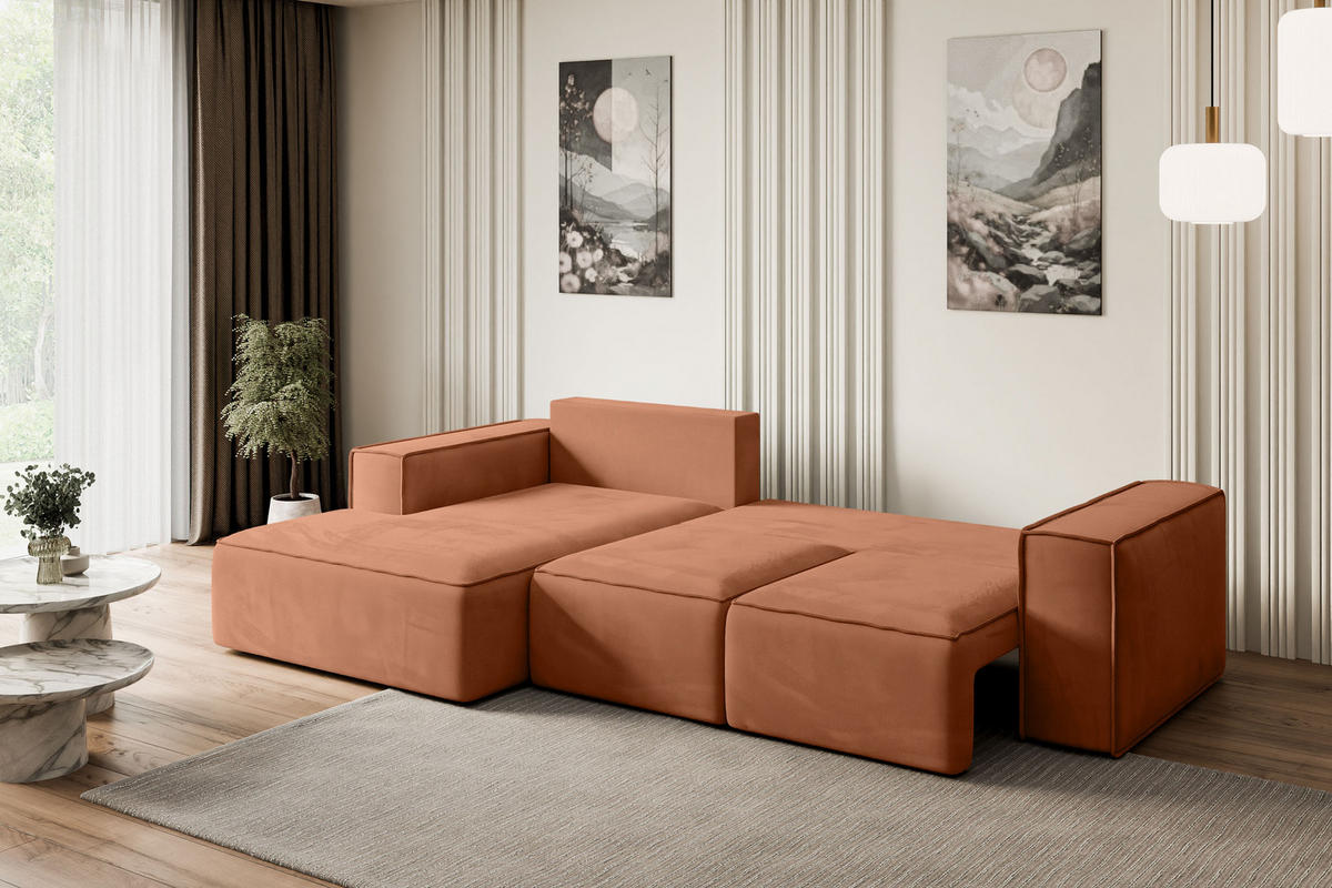 ECKSOFA mit Schlaffunktion und Bettkasten SERRA-L-S - 266x161x87 cm Apricot Velours - Koralle/Schwarz, Holzwerkstoff/Kunststoff (266/161cm) - ALTDECOR