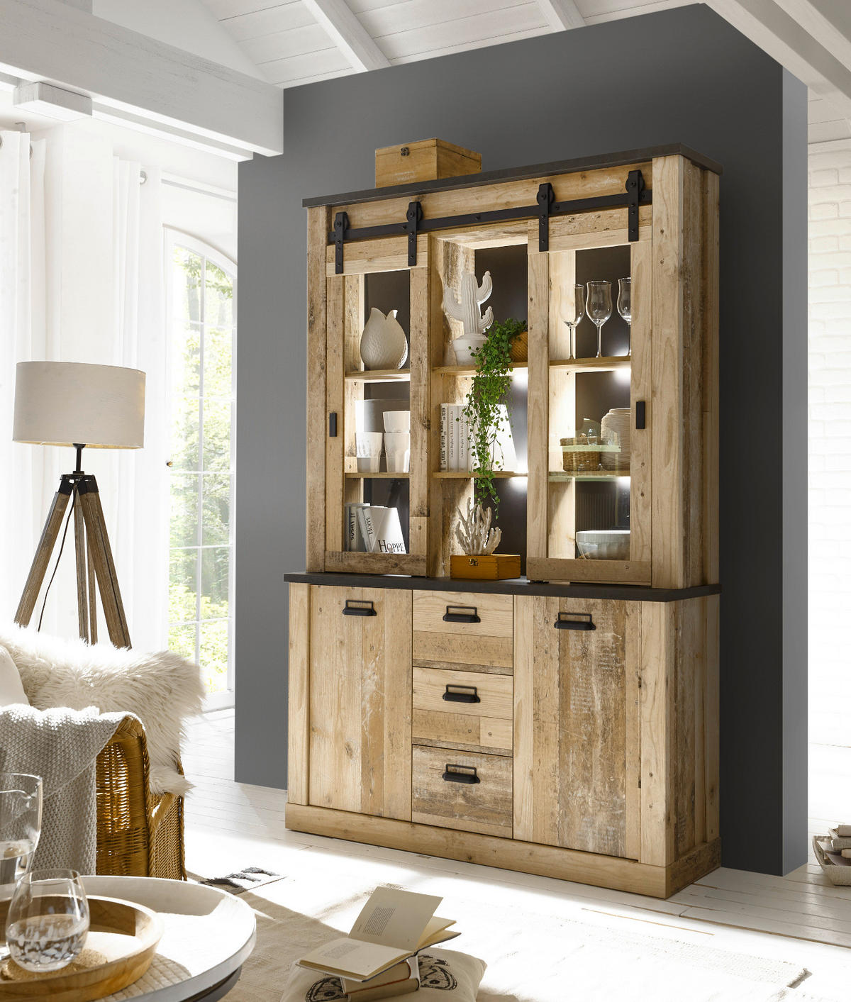 BUFFETSCHRANK Used Wood hell, anthrazit, Vitrinenschrank 133 x 201 cm - Eichefarben/Anthrazit, Holzwerkstoff/Metall (133/201/37cm) - Furn.Design