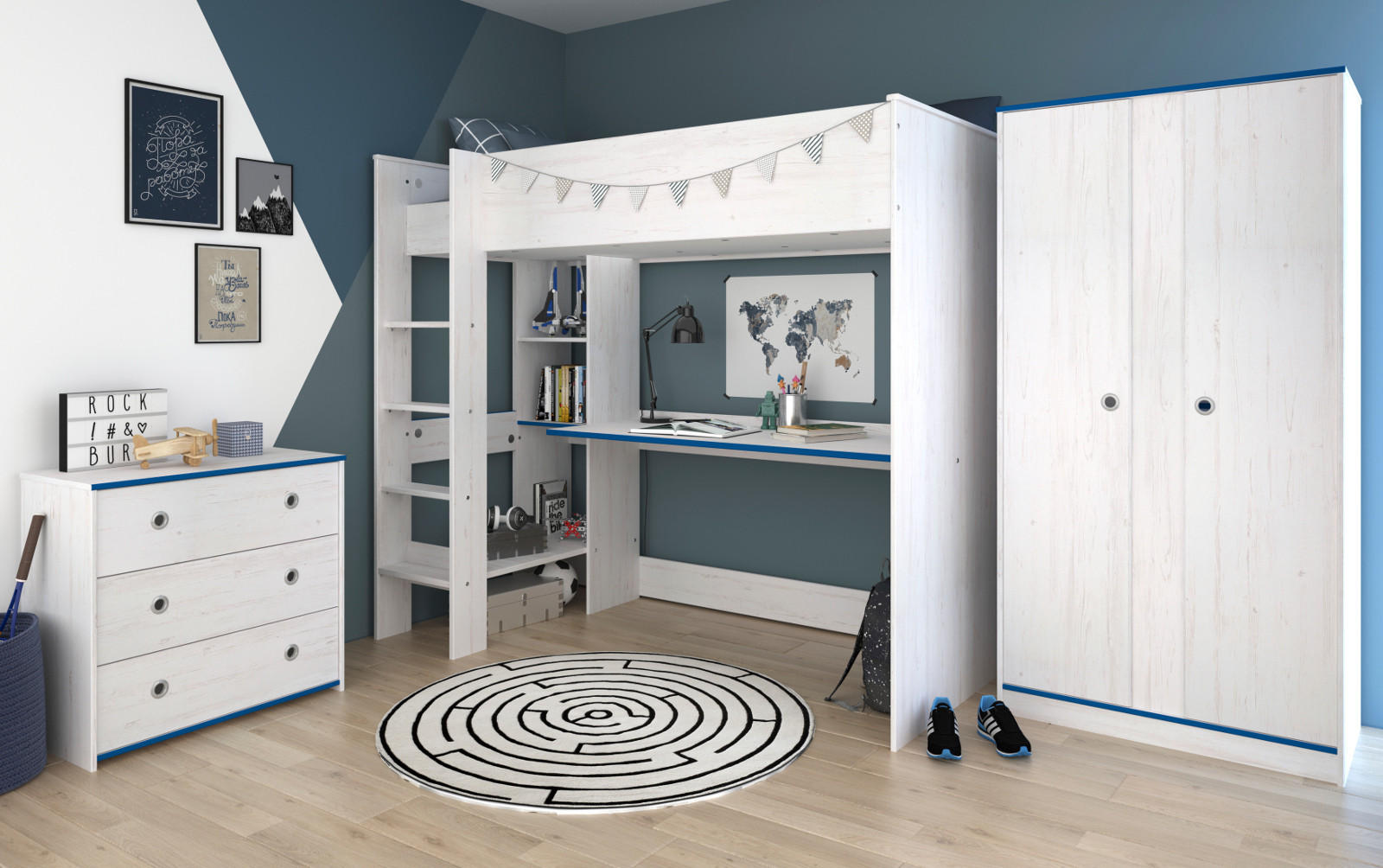 KINDERZIMMER Set Hochbett Schreibtisch Kommode Kleiderschrank - Blau/Weiß, Holz/Holzwerkstoff (206/182/108cm) - Parisot Meuble