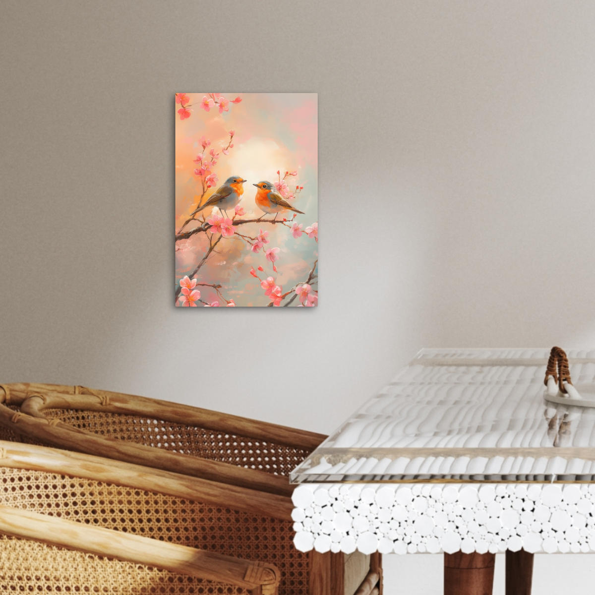 LEINWANDBILD Rotkehlchen - Zierpflanze - Blütenzweig 20x30 cm - Hellrosa, Textil (20/30cm) - MuchoWow