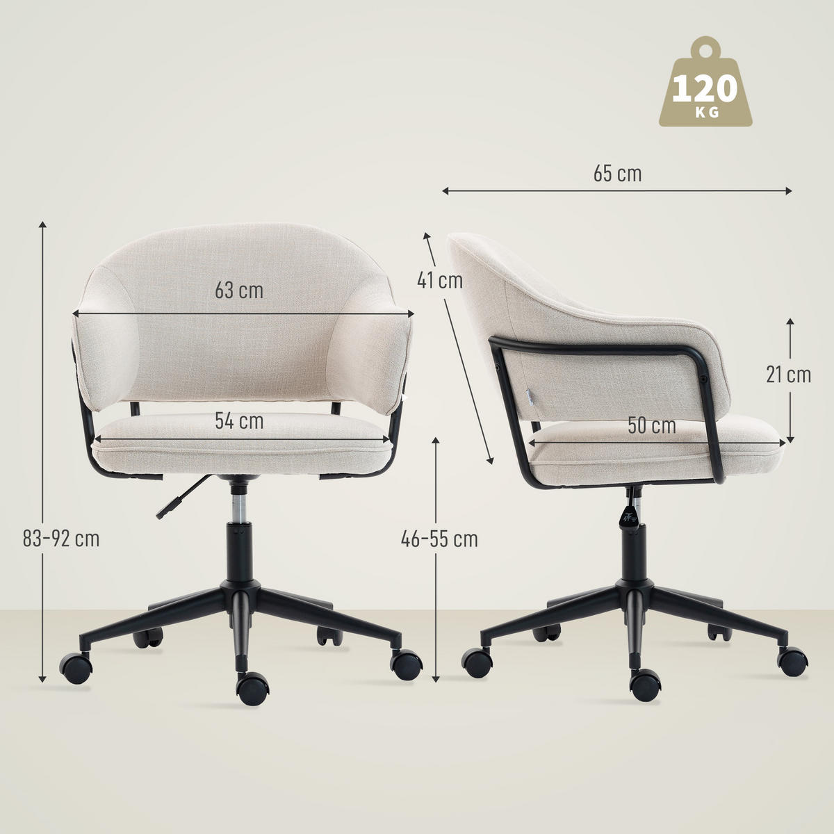 DREHSTUHL DE-11816 höhenverstellbar & 360° drehbar Creme - Weiß, Textil (63/92/65cm) - ComfortXL