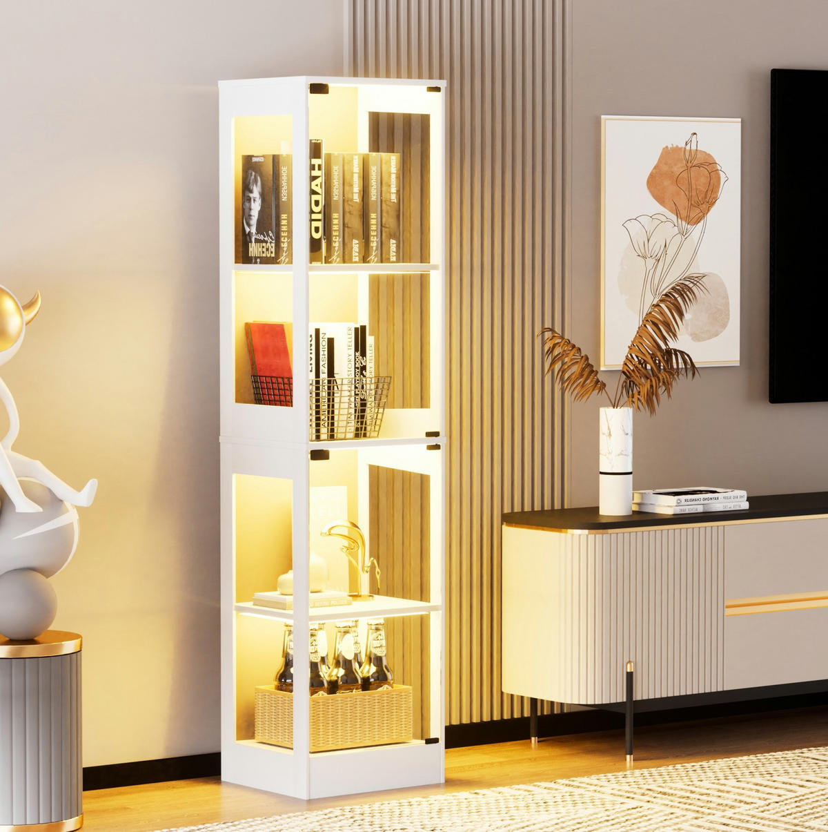 VITRINE 40/35/165 cm mit LED-Beleuchtung, Glastüren und Bewegungssensor, Weiß - Weiß, Holzwerkstoff (40/165/35cm) - Redom