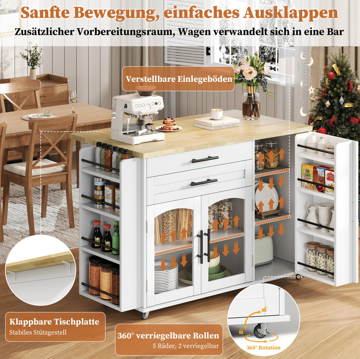 KÜCHENINSEL 120/45-70/90 cm aus MDF mit klappbarem Arbeitsbereich Natur/Weiß - Naturfarben, Holzwerkstoff (138/90/70cm) - Modenvie