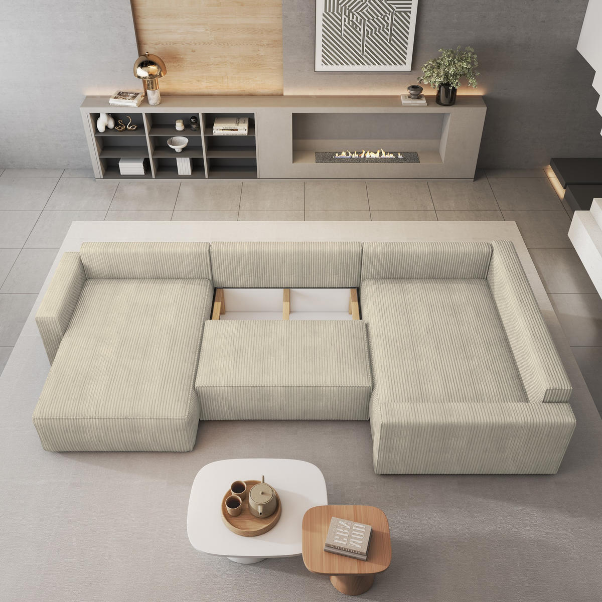 WOHNLANDSCHAFT VELAMI R-S Creme Kordstoff mit Schlaffunktion - Creme, Holz (365/83/194cm) - MASSENO