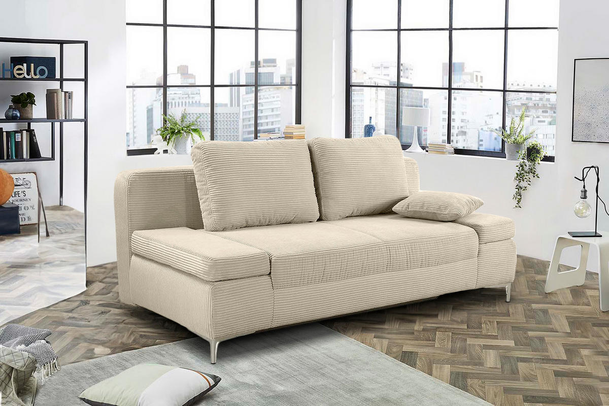 SCHLAFSOFA mit Bettkasten, Federkern, Armlehnen verstellbar B202/T103/H89 cm, Liegefläche 144x198 cm, Cord Beige Grau / 15203 - Chromfarben/Greige, Textil/Metall (202/89/103cm) - luma-home