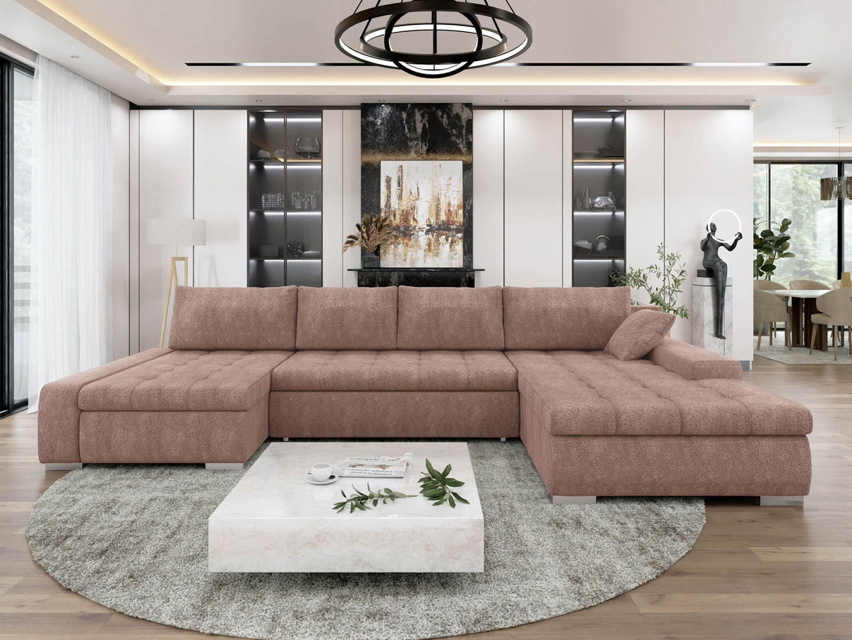 WOHNLANDSCHAFT Caro - Hellrosa/Silberfarben, Holz/Textil (394/80/213cm) - MIRJAN24