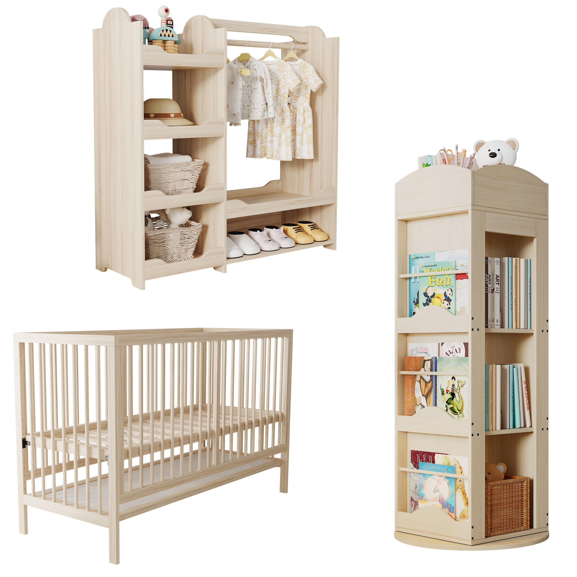KINDERSCHRÄNKE &-REGALE in Naturfarben Kindermöbel-Set Babybett mit Schrank & drehbarem Bücherregal B69.5/T60/H90cm - Naturfarben, Holzwerkstoff (69.5/90/60cm) - STILVORA