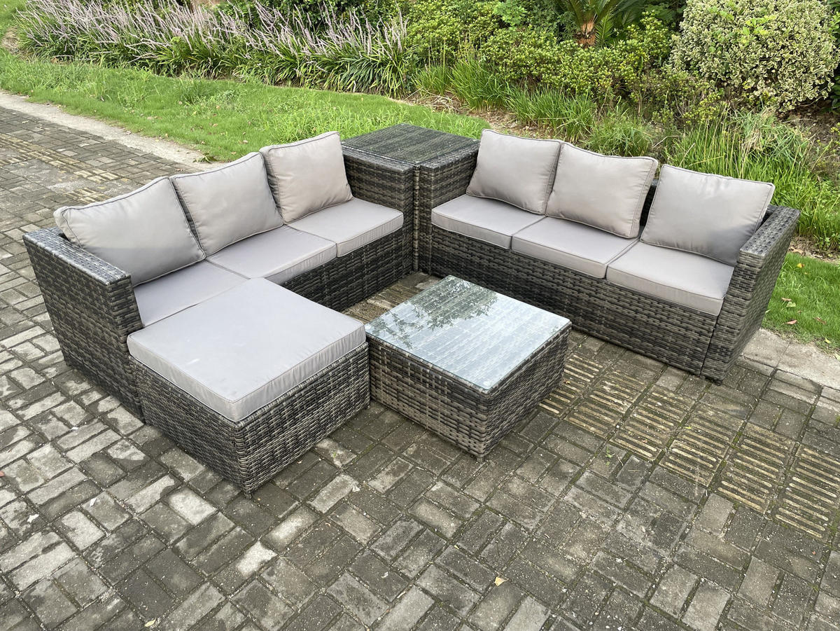 GARTENSET mit Couchtisch Polyrattan 7-Sitzer - Dunkelgrau, Metall - Fimous