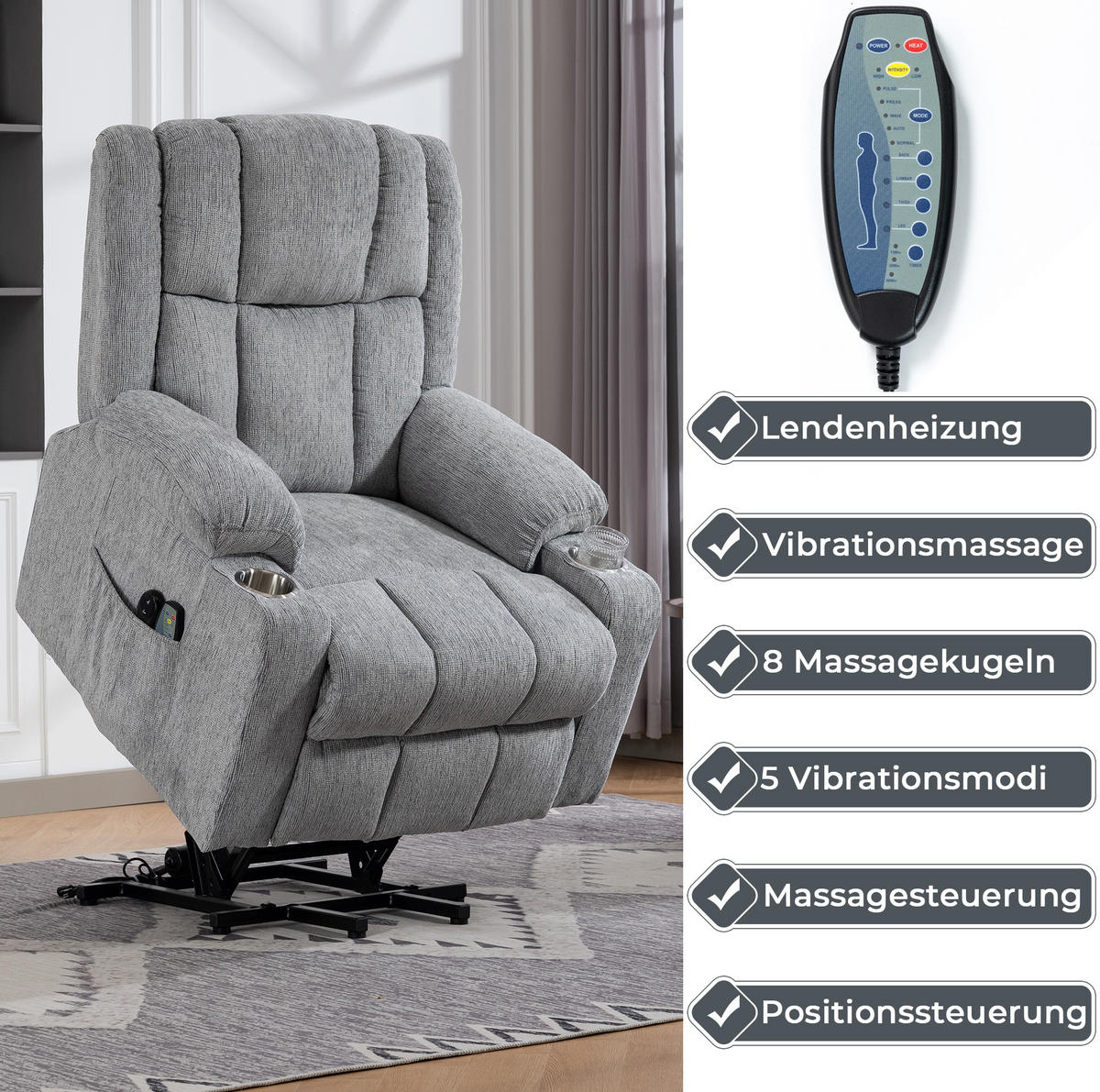 RELAXSESSEL in Hellgrau mit Aufstehhilfe, Massagefunktion und Wärmefunktion,84/91/106 cm - Hellgrau, Textil (84/106/91cm) - Flora Grace