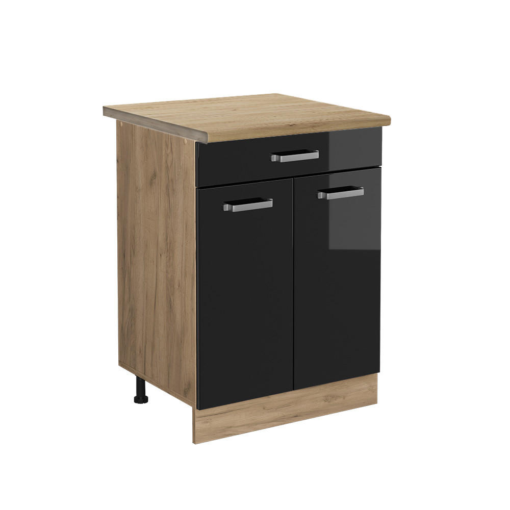 KÜCHENUNTERSCHRANK R-Line Schwarz Hochglanz 60 cm mit Schublade AP Eiche - Schwarz Hochglanz/Eiche Wotan, Holzwerkstoff (60/81.6/60cm) - Vicco