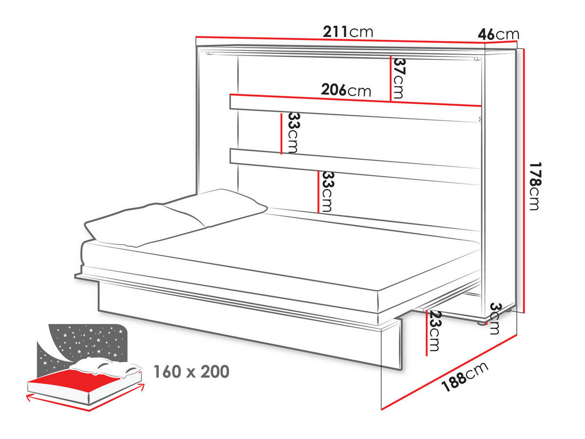 SCHRANKBETT Bed-Concept BC-14 160x200 mit weißer LED Beleuchtung - Weiß Hochglanz/Grau, Holz/Holzwerkstoff (160/200cm) - MIRJAN24