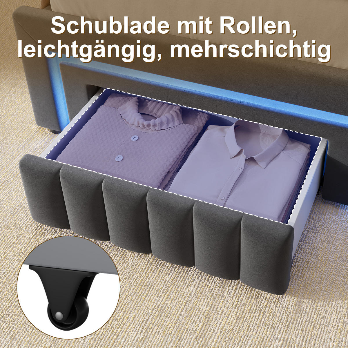 POLSTERBETT 90/190 cm mit hydraulischem Bettkasten, Schublade mit Rollen, LED-Beleuchtung, Grau - Grau, Textil (90/190cm) - Redom
