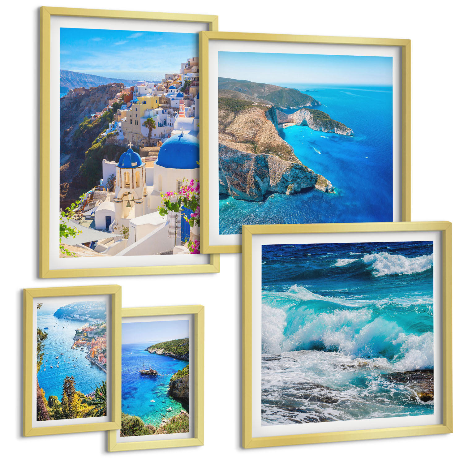 BILDER SET 5er Set - 50x50 cm & 20x30 cm & 40x60 cm Goldrahmen - Griechische Ansichten von Santorin Oia - Goldfarben, Kunststoff (40/60cm) - TULUP