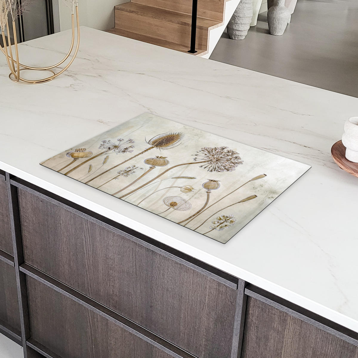 HERDABDECKPLATTE Blumen - Aquarell - Stilleben - Braun - Vintage 76x51 cm - Sandfarben, Kunststoff (76/51.5/0.2cm) - MuchoWow