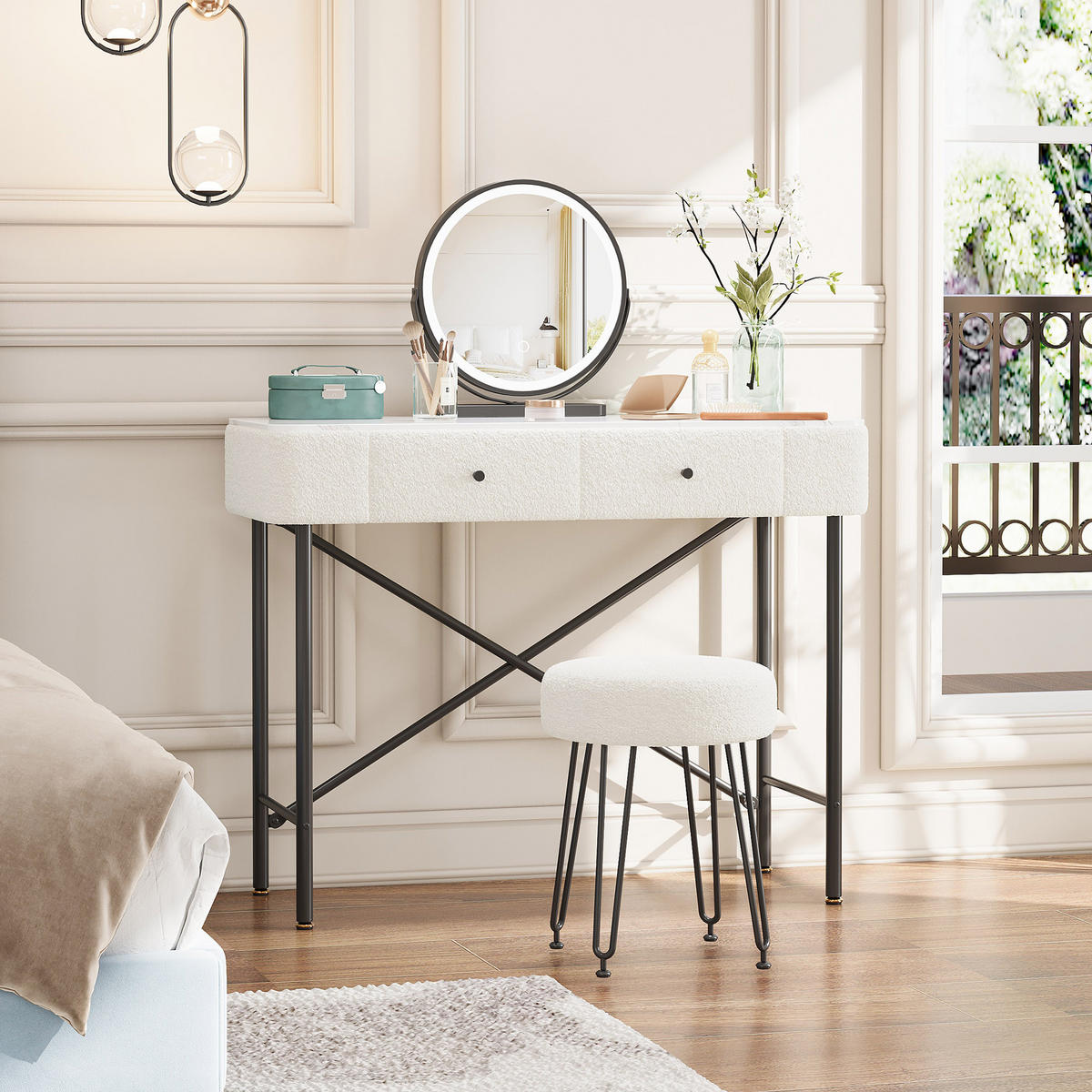 SCHMINKTISCH mit LED-Spiegel & Hocker, 2 Schubladen, Marmoroptik Tischplatte, moderner Frisiertisch,Weiß, 100x40x120 cm - Weiß, Holz (40/120/100cm) - Ej. Life