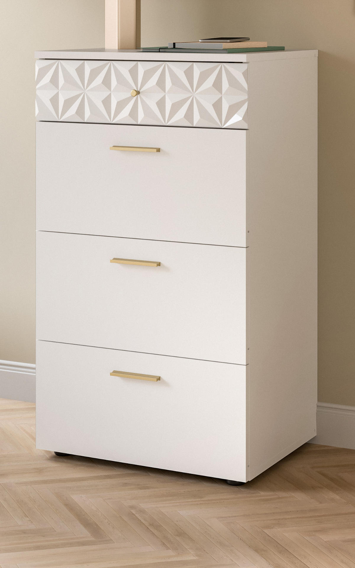 KOMMODE weiß Hochglanz 53 cm, Schubladenkommode mit 3D-Struktur - Weiß Hochglanz/Goldfarben, Holzwerkstoff/Kunststoff (53/92/40cm) - Inn.Furn