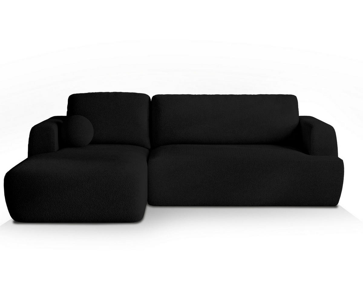 ECKSOFA SENTI N L-S Schwarz Boucle-Stoff mit Schlaffunktion - Schwarz, Holz (246/148cm) - MASSENO