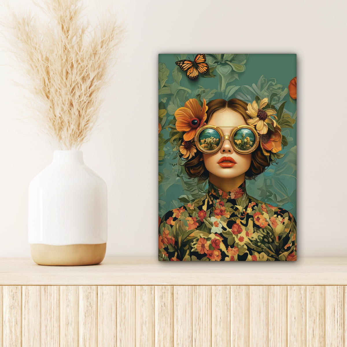 LEINWANDBILD Frau - Blumen - Schmetterlinge - Natur - Vintage Deko Wohnzimmer 20x30 cm - Salbeigrün, Textil (20/30cm) - MuchoWow
