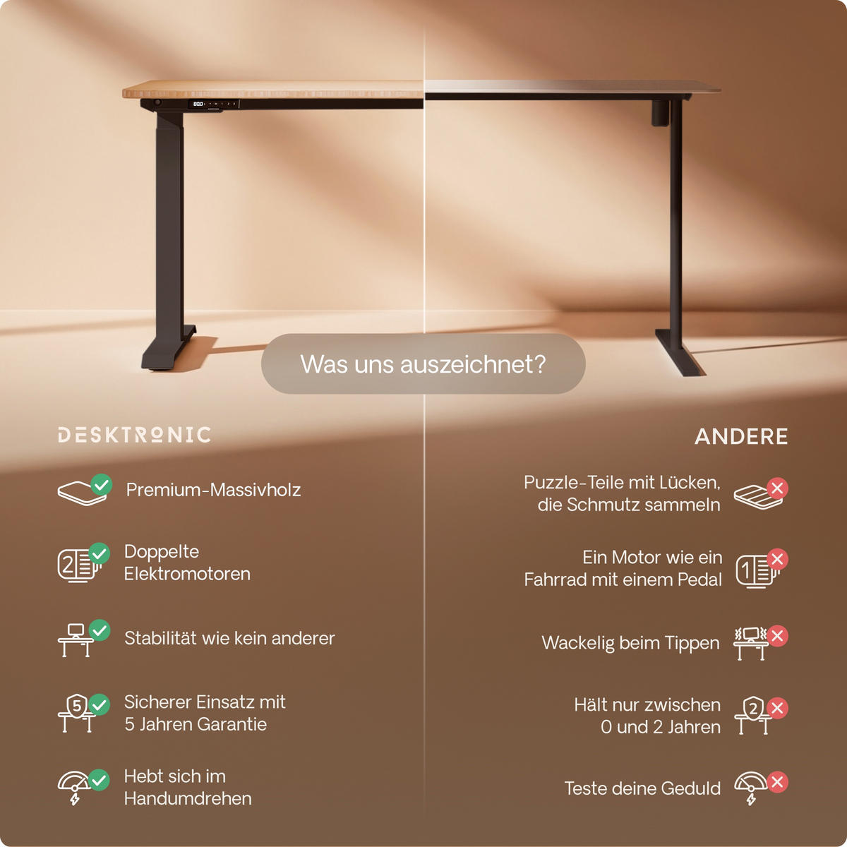 SCHREIBTISCH Elektrisch Höhenverstellbarer HomeOne 140x70cm Schwarz/Bambus mit Memory-Funktion, Anti-Kollisions Technologie - Hellgelb/Schwarz, Holz (70/140/72cm) - Desktronic