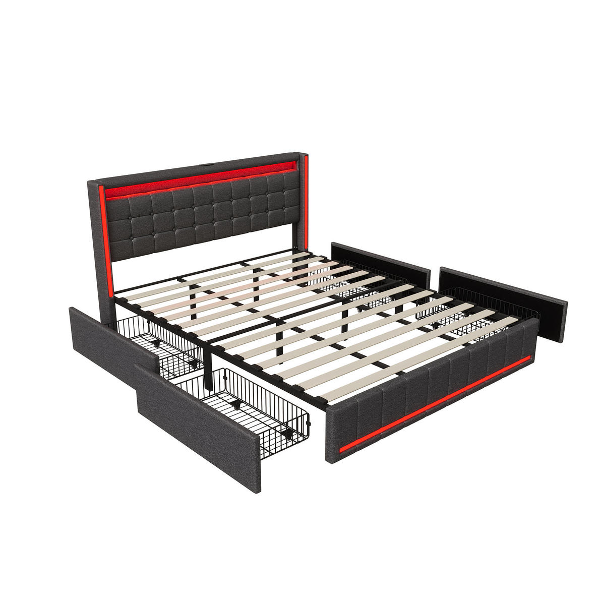 POLSTERBETT 180/200 cm mit LED und vier Schubladen, modernes Stauraumbett für Schlafzimmer - Dunkelgrau, Holz/Metall (180/200cm) - Joyfair