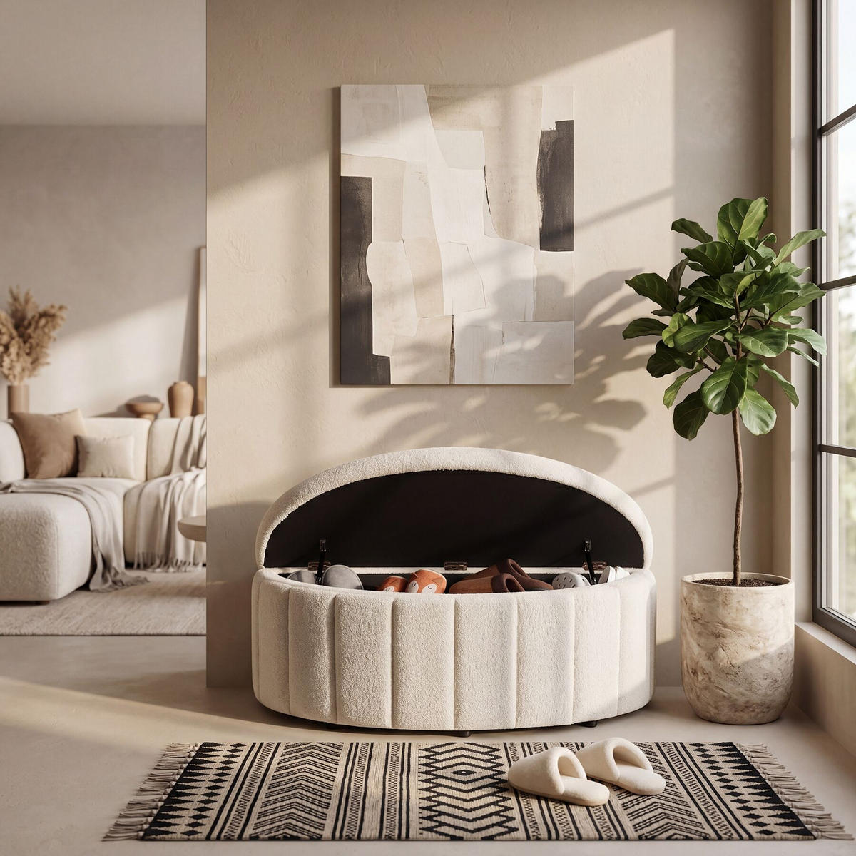POLSTERBANK Moon mit großem Stauraum, Belastbarkeit 150 kg, 108 x 48 x 38,5 cm, Bouclé creme - Creme, Holz (108/40/48cm) - tectake