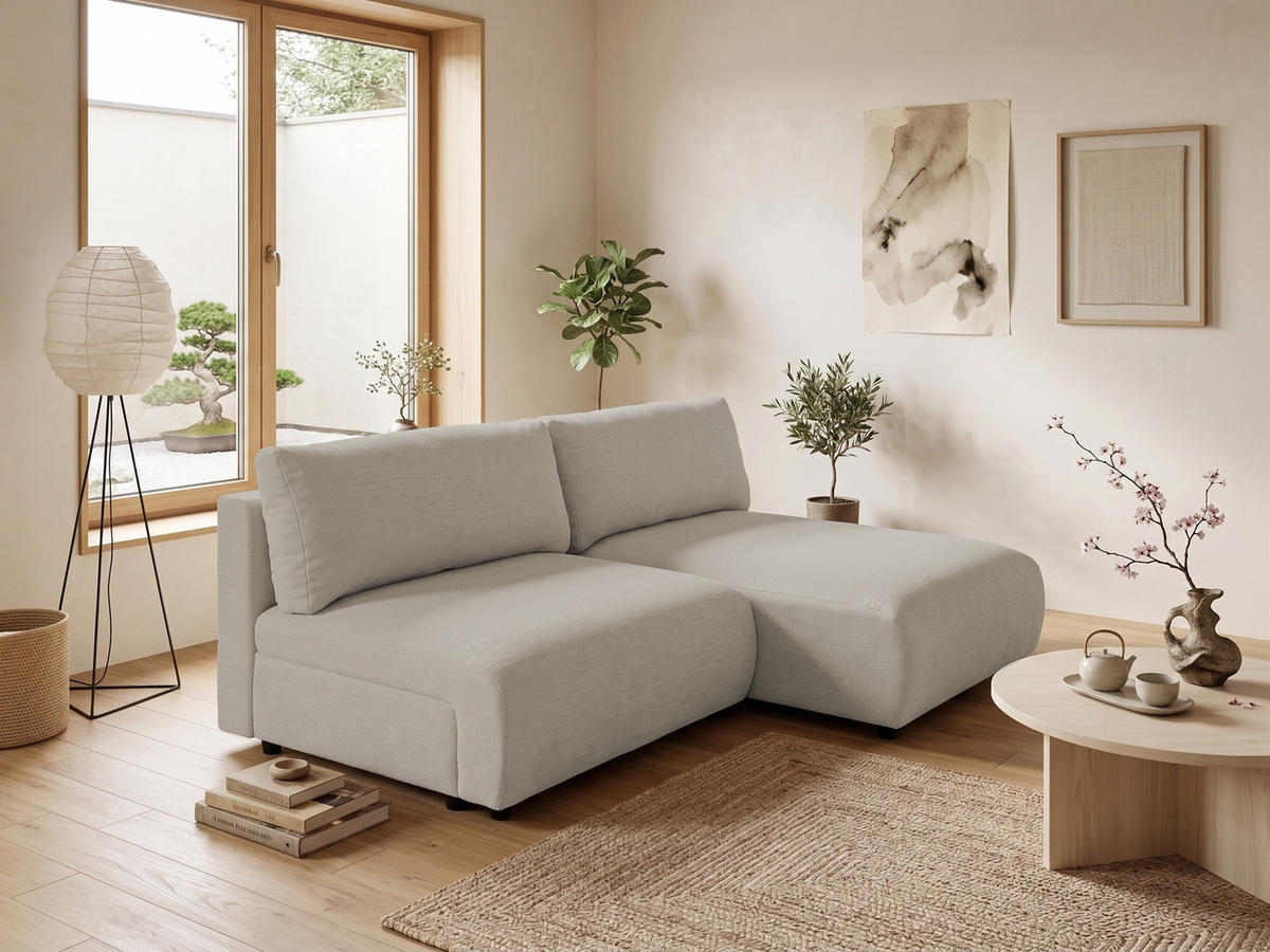ECKSOFA Sora mit Schlaffunktion, Bettkasten und extra tiefer Komfortzone aus hochwertigem Taupe Strukturstoff - Taupe/Schwarz, Holz/Kunststoff (200/140cm) - S-Style