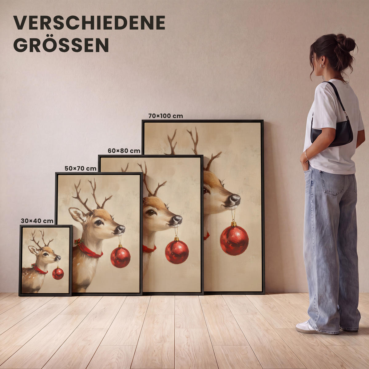 LEINWAND Bilder mit Rahmen - Weihnachten - Hirsch - Geweih - Weihnachtskugel - Rentier - 60x80 - Hellbraun, Textil (60/80cm) - MuchoWow
